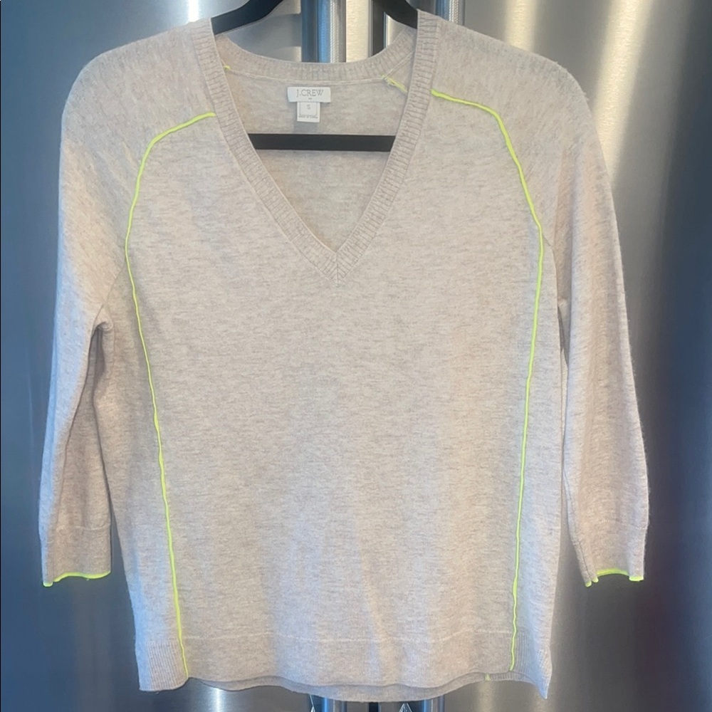 J. Crew Gray & Neon Yellow V-Neck Sweater Lightweight Knit